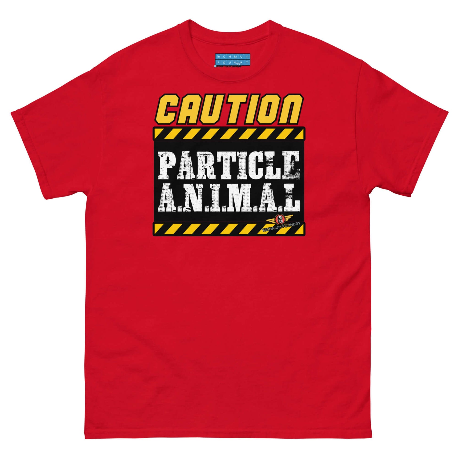 Particle Animal Caution Sign Physics T-Shirt | Science Humor Color: Red T-Shirt Size: S Apparel & Accessories Technium Foundry