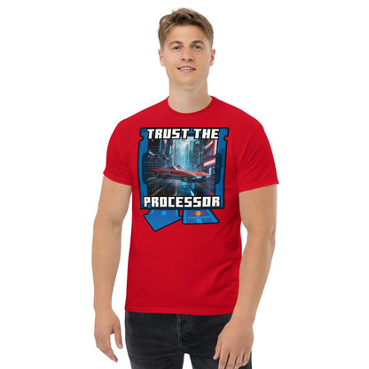 Red "Trust the Processor" T-shirt featuring a cyberpunk design, part of the Science & Tech Apparel Collection by Technium Foundry.