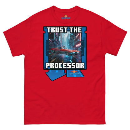 "Red 'Trust the Processor' T-Shirt - Cyberpunk Meets Silicon, Science & Tech Apparel by Technium Foundry"