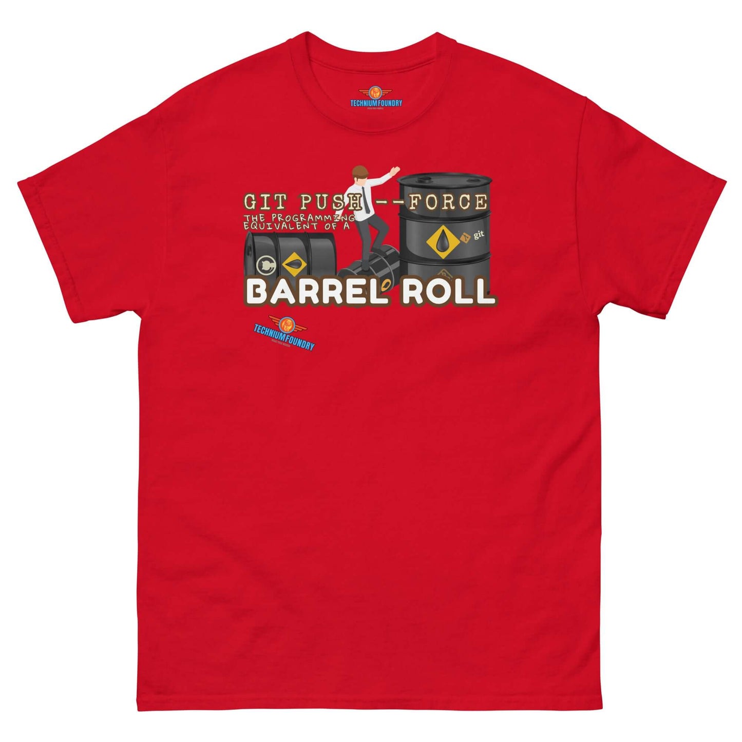 Red "Git Push --Force: The Barrel Roll Edition" tee featuring science and tech design from Technium Foundry's apparel collection.