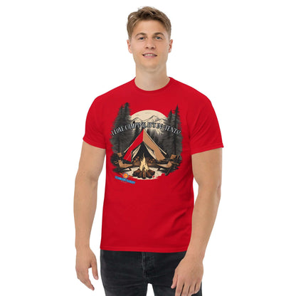 Man wearing red "I Love Camping, It's In-Tents!" tee with moonlit campsite design, part of Science & Tech Apparel Collection by Technium Foundry.