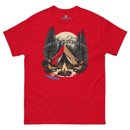 Red "I Love Camping, It's In-Tents!" tee with campsite scene, moonlit backdrop from Science & Tech Apparel Collection by Technium Foundry.