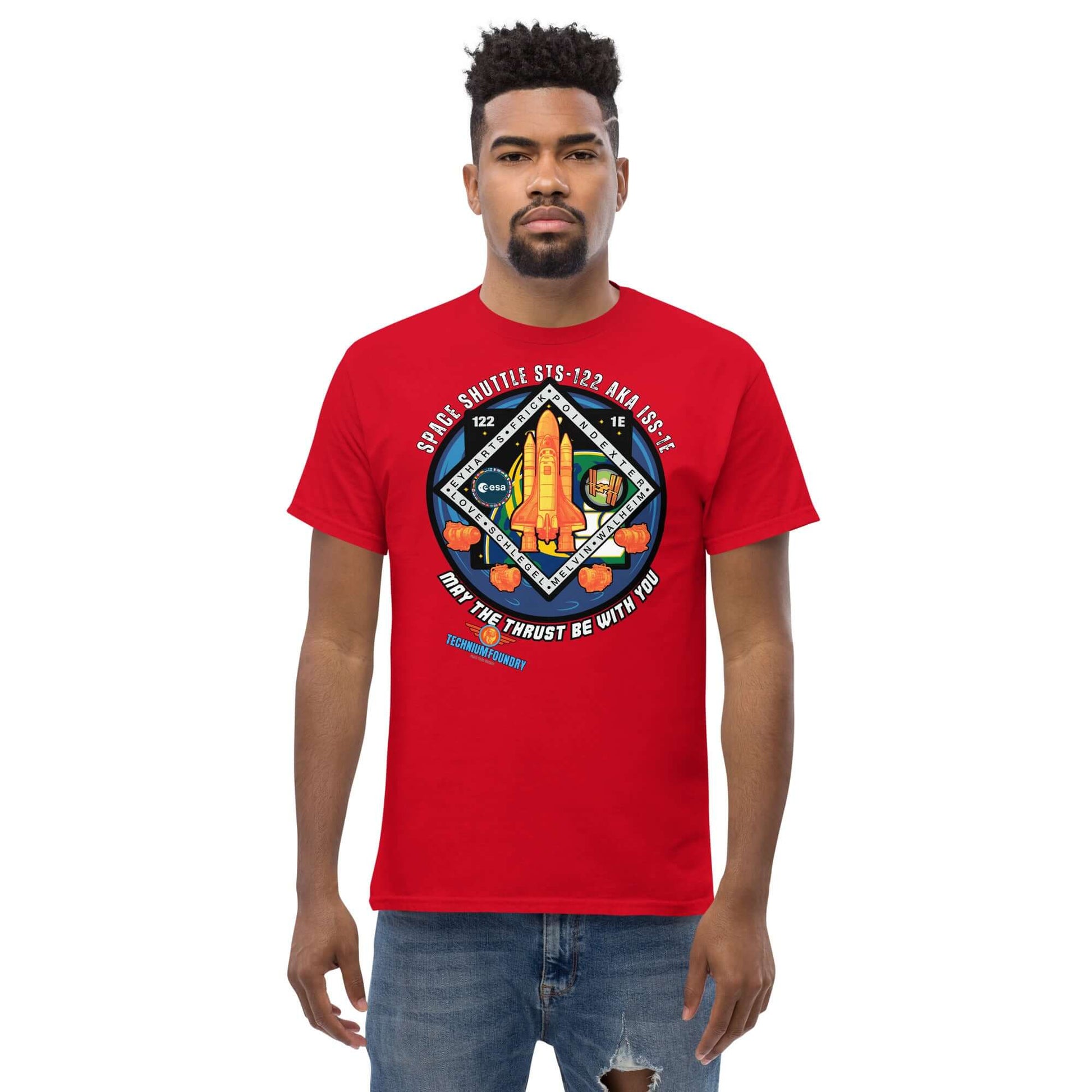 "May The Thrust Be With You Space Shuttle Tee by Technium Foundry - Science & Tech Apparel, Red Shirt with STS-122 Patch Design"