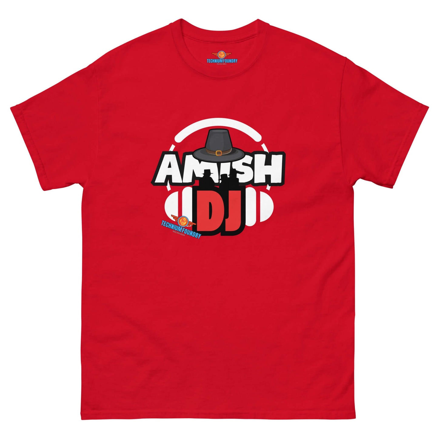 Red "Amish DJ" Tee from Science & Tech Apparel by Technium Foundry featuring DJ hat and headphones design.