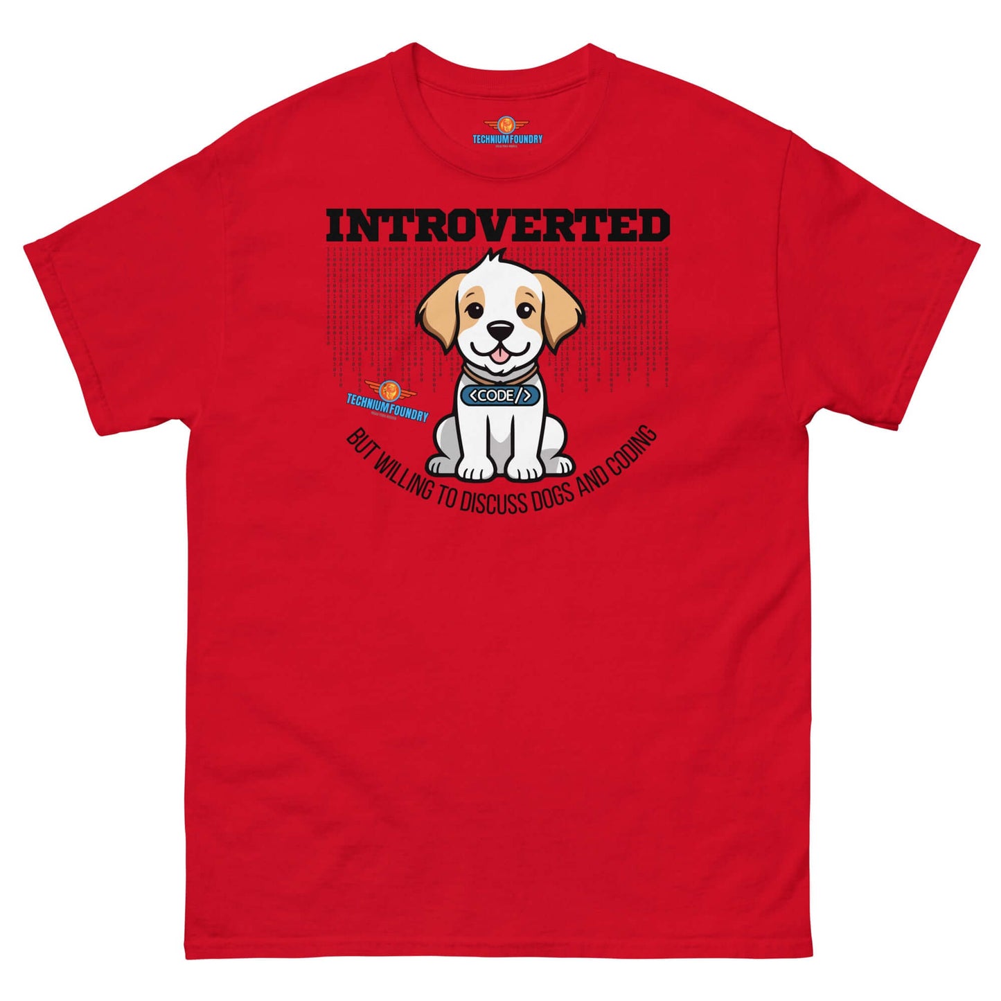 Red "Introverted But Willing To Discuss Dogs" t-shirt featuring cute puppy design, part of Science & Tech Apparel by Technium Foundry.