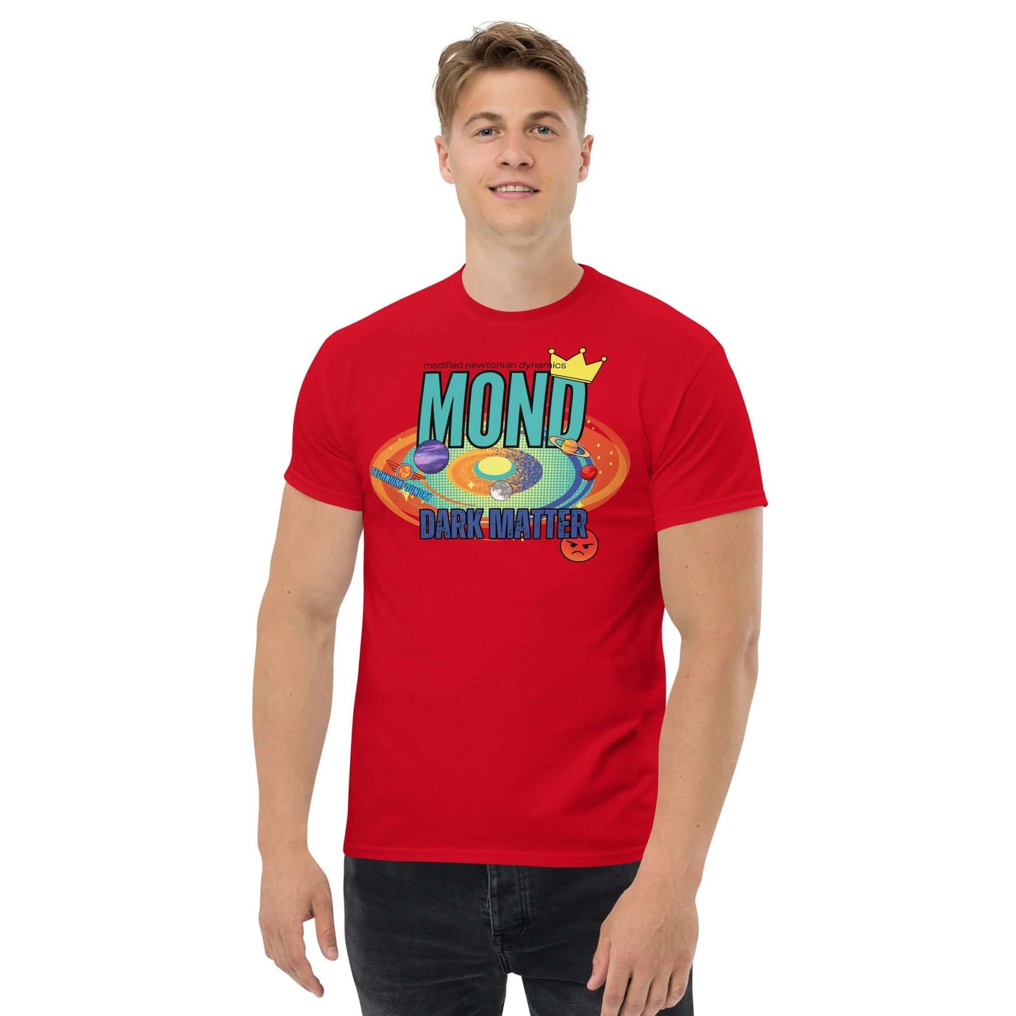 Red "MOND vs Dark Matter" tee featuring a cosmic clash graphic with crown, part of Science & Tech Apparel by Technium Foundry.