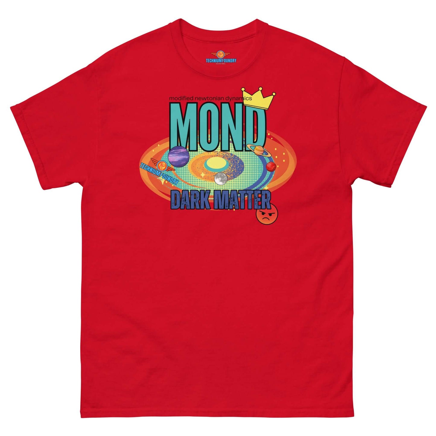 Red tee featuring MOND vs Dark Matter design with sassy crown, part of Science & Tech Apparel Collection by Technium Foundry.