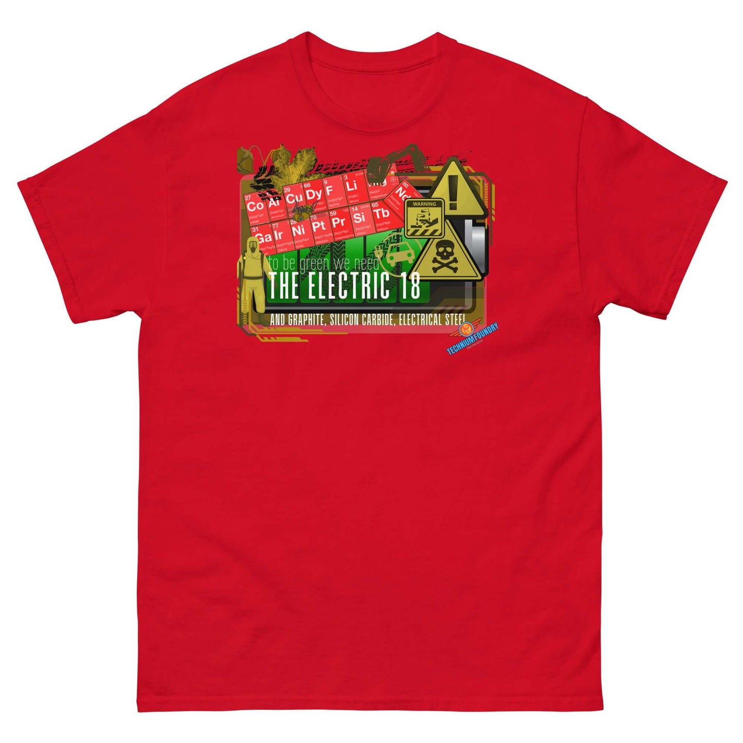 Red "The Electric 18" tee showcasing periodic table elements as a rock band, part of Science & Tech Apparel Collection by Technium Foundry.