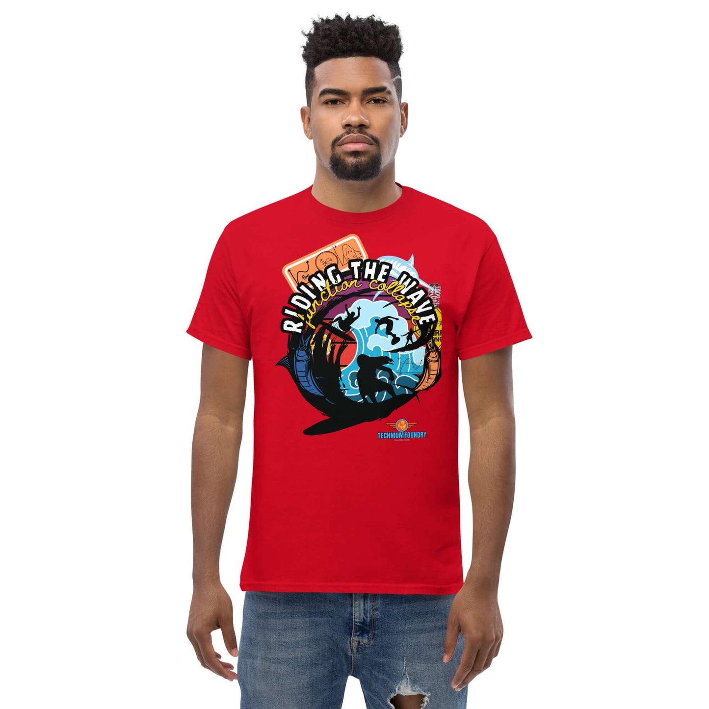 Man wearing "Riding The Wave" red tee featuring science and surfing design, part of the Science & Tech Apparel Collection by Technium Foundry.