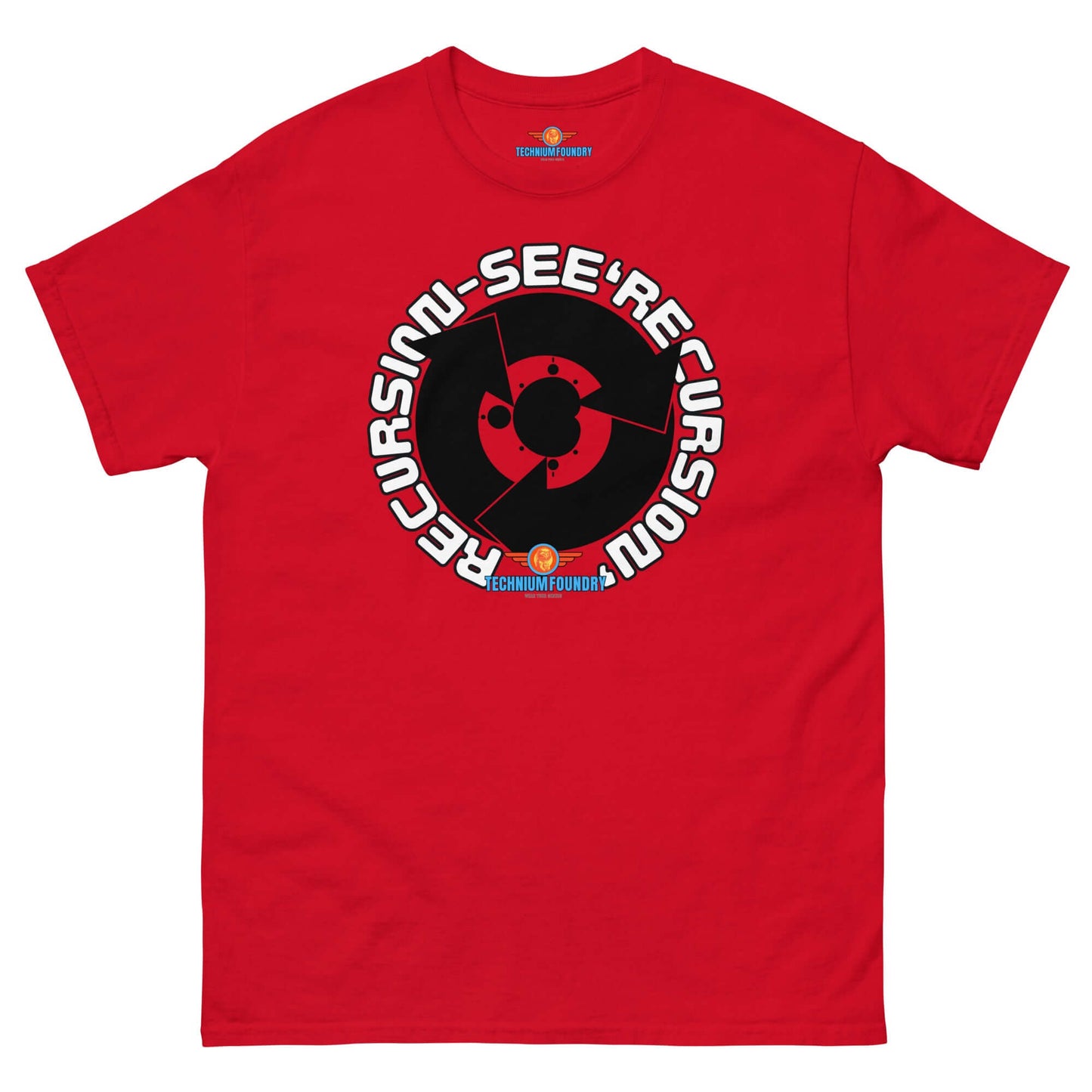 Red "Recursion: See 'Recursion'" T-shirt, part of Science & Tech Apparel Collection by Technium Foundry, featuring circular design.