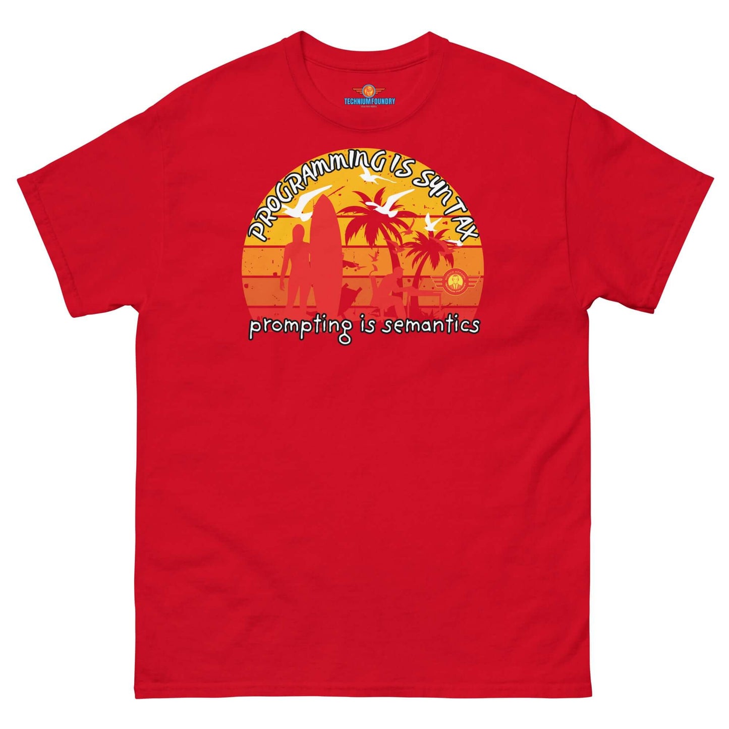 Red "Programming is Semantics" tee with a sunset design, part of Science & Tech Apparel from Technium Foundry.