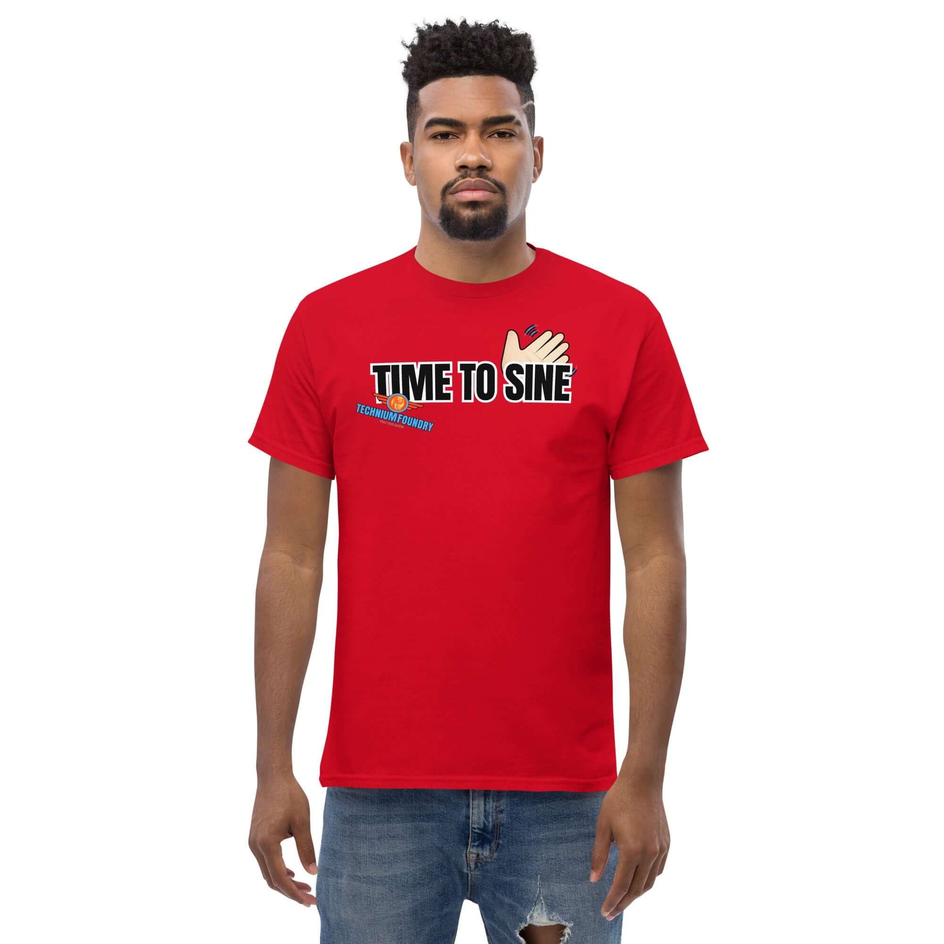 Man wearing red "Time to Sine" tee with hand gesture, blending math and style by Technium Foundry, featuring quantum fashion vibes.