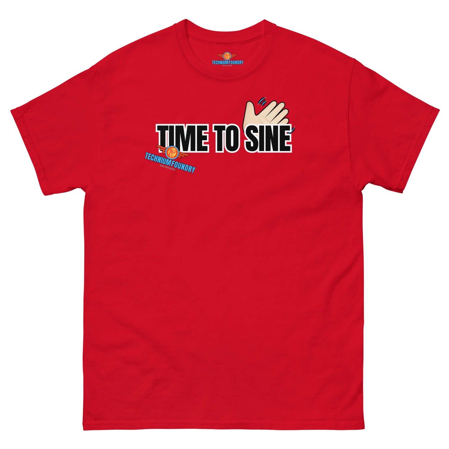 Red "Time to Sine" tee featuring hand gesture and sine wave design, perfect for quantum fashion fans by Technium Foundry.