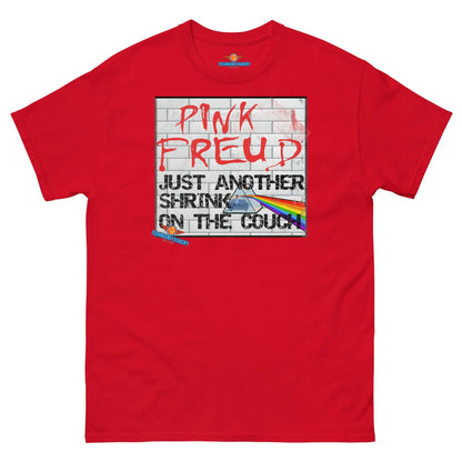 Red "Pink Freud: Just Another Shrink on the Couch" tee, blending psychedelic rock with psychoanalysis. Quantum Fashion by Technium Foundry.