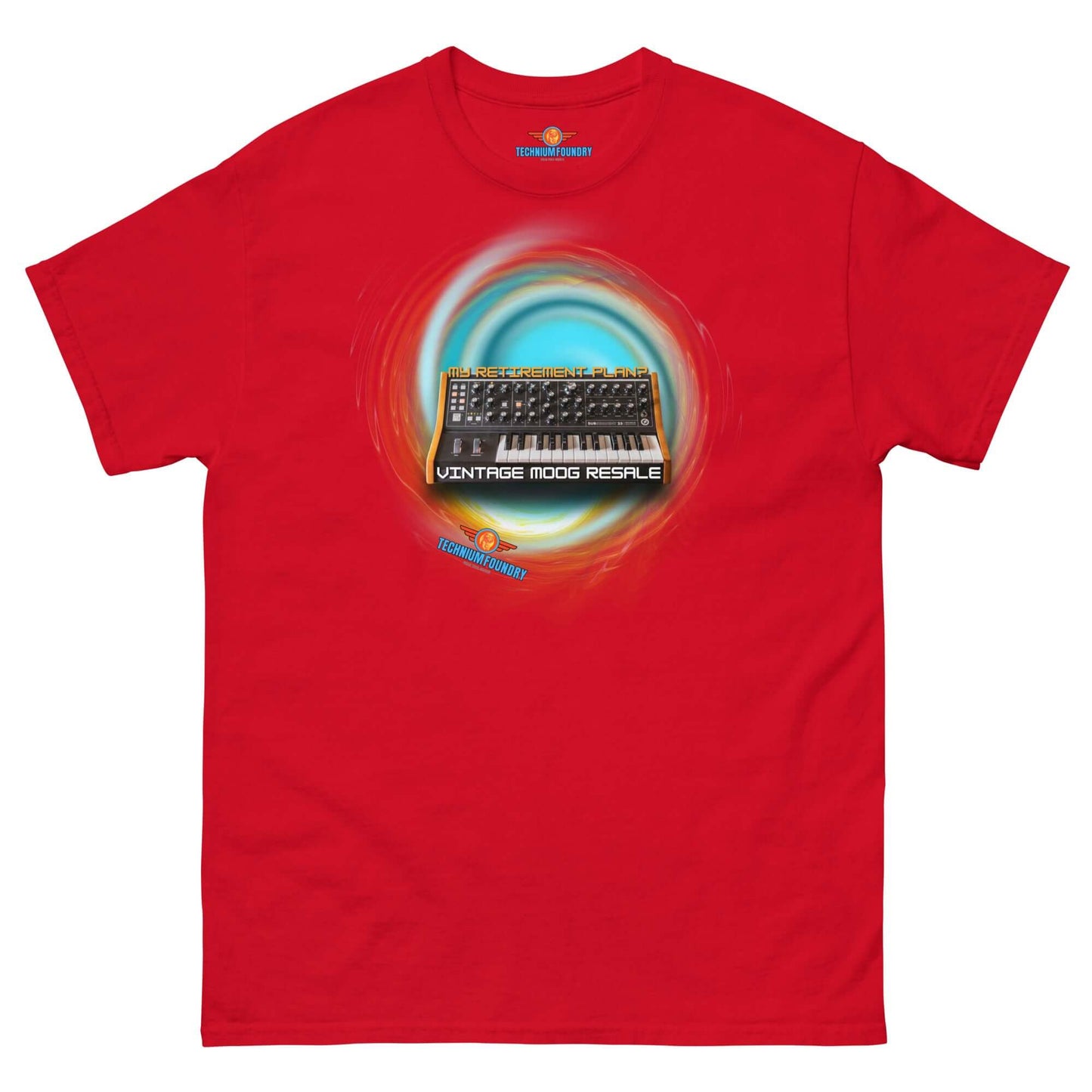 Red tee with vintage Moog synthesizer design, swirling vortex, and text "Vintage Moog Resale," embodying analog dreams.