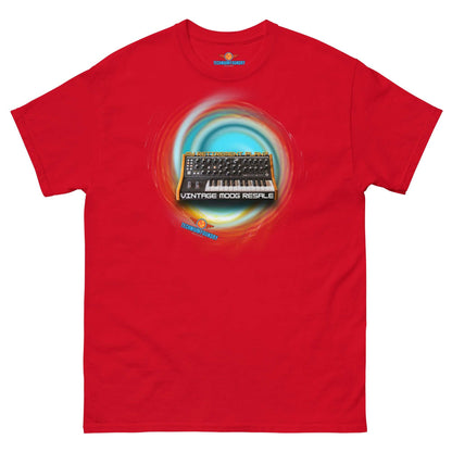 Red tee with vintage Moog synthesizer design, swirling vortex, and text "Vintage Moog Resale," embodying analog dreams.