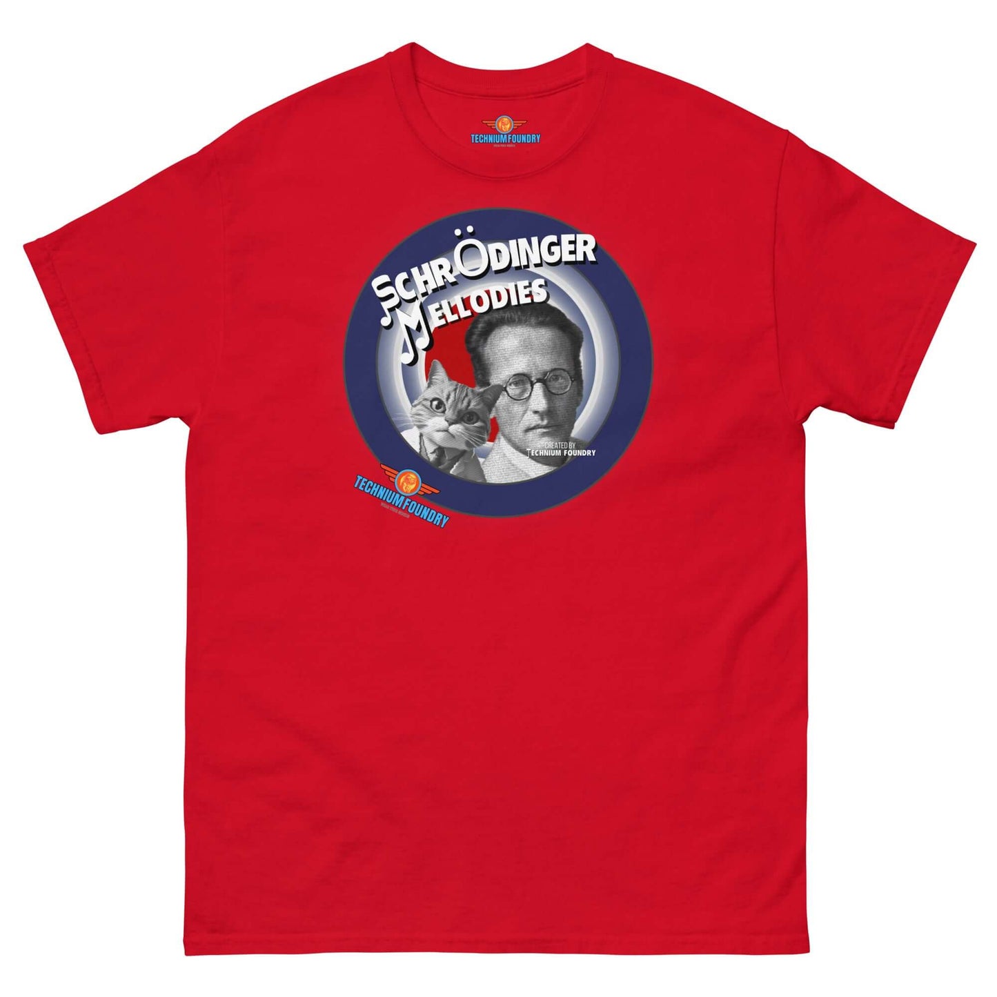 Red "Schrödinger's Melodies" Tee featuring Erwin Schrödinger with a cat, blending quantum mechanics and music themes.