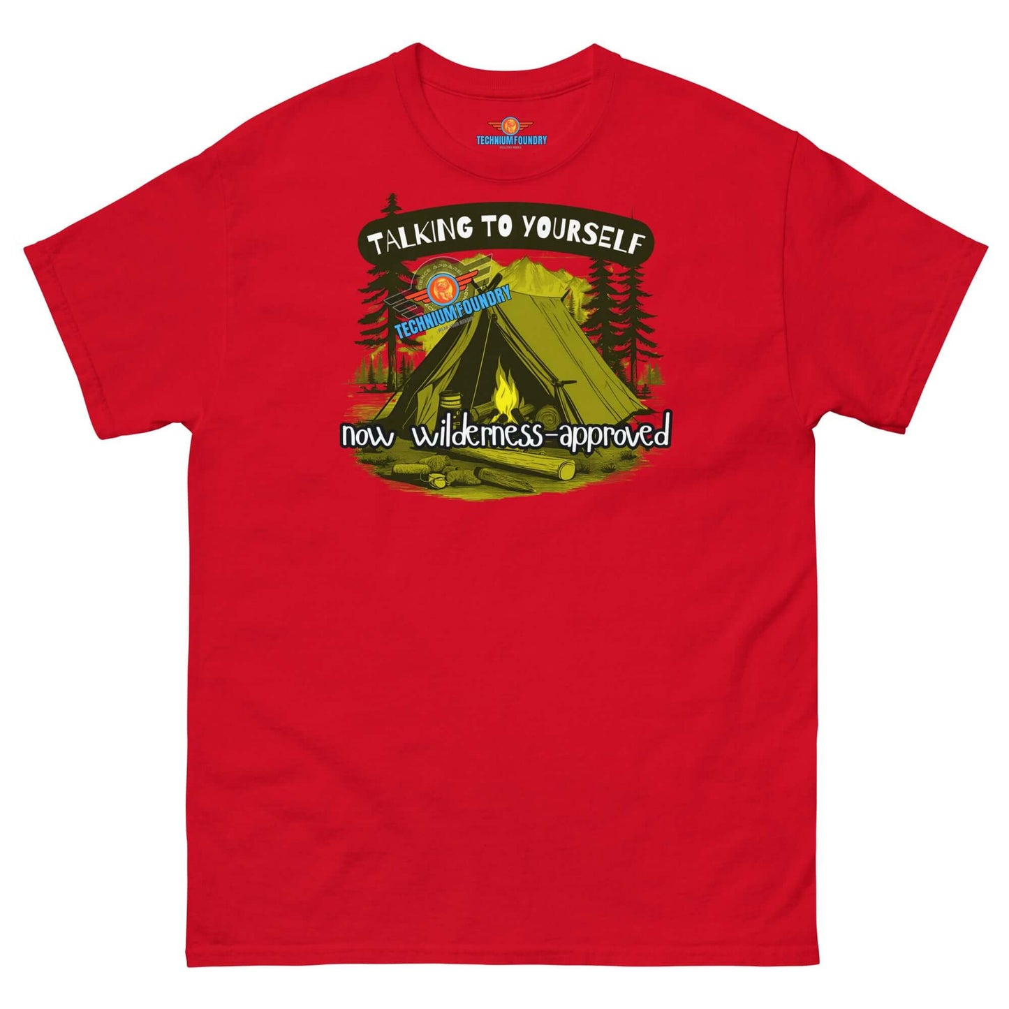 Red "Talking to Yourself: Now Wilderness-Approved" tee with camping design, perfect for solo outdoor problem-solving enthusiasts.