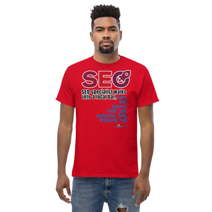 Red T-shirt with SEO Specialist Walks into a Bar design, featuring keyword stuffing humor for SEO professionals.