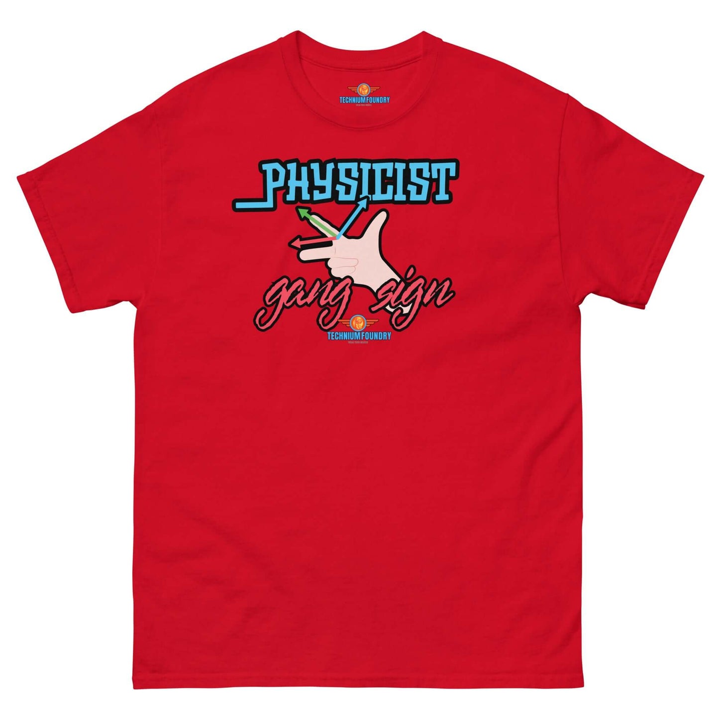 Red "Physicist Gang Sign" tee featuring a hand sign for vector math and cross products, mixing academia with street style.