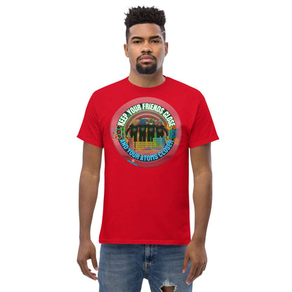 Red tee with "Keep Your Friends Close and Your Atoms Closer" design, featuring atoms in a retro circle on a cityscape backdrop.