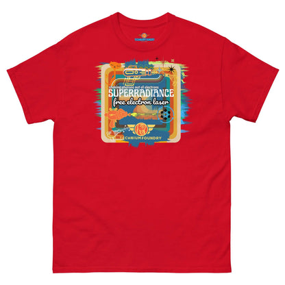 Red T-shirt featuring a retro science design titled "Superradiance Free Electron Laser" by Chhunifoundry.