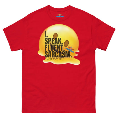 Red "I Speak Fluent Sarcasm and Python" T-shirt by Technium Foundry, featuring a melting design for coders with a sense of humor.