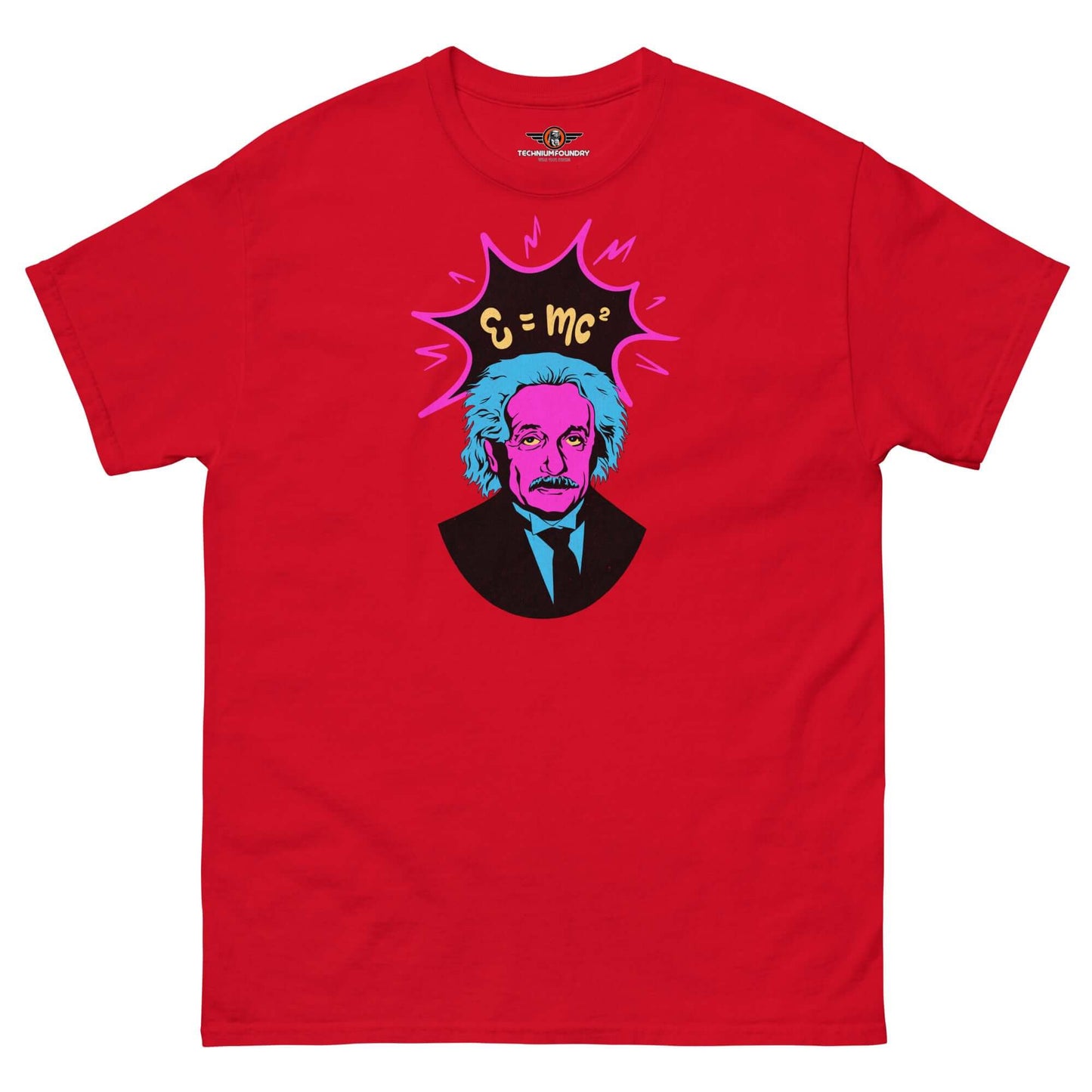 "E=mc² Pop Art Einstein T-Shirt in Red by Technium Foundry, Cyber-Punk Design"