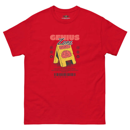 Red Genius Zone T-shirt with caution sign and brain graphic, perfect for showcasing clever style and retro-tech vibe.