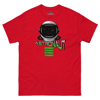 Red Space Explorer T-Shirt with helmet graphic and synonyms for astronaut including cosmonaut and taikonaut by Technium Foundry.