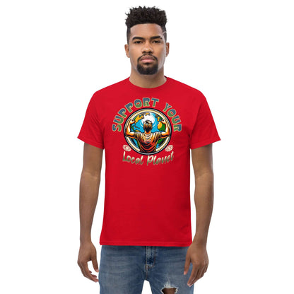 Red "Support Your Local Planet" T-shirt by Technium Foundry featuring eco-conscious design worn by a model.