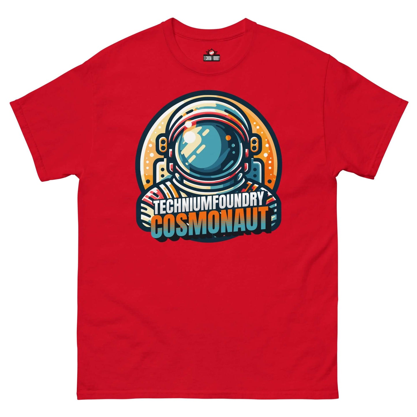 Red Technium Foundry Cosmonaut T-Shirt with vintage helmet design in vibrant colors.