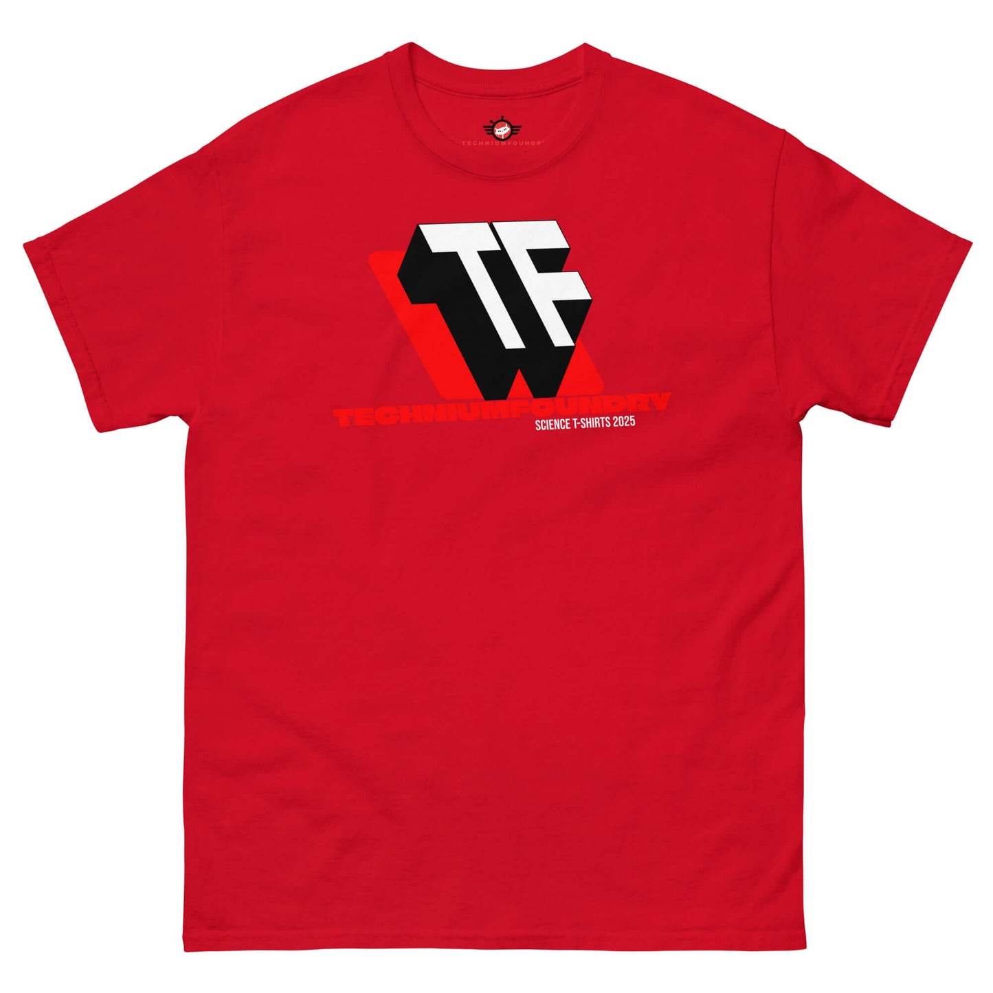 Red T-shirt featuring bold TF monogram logo by Technium Foundry, showcasing geometric design with red accents and 2025 theme.