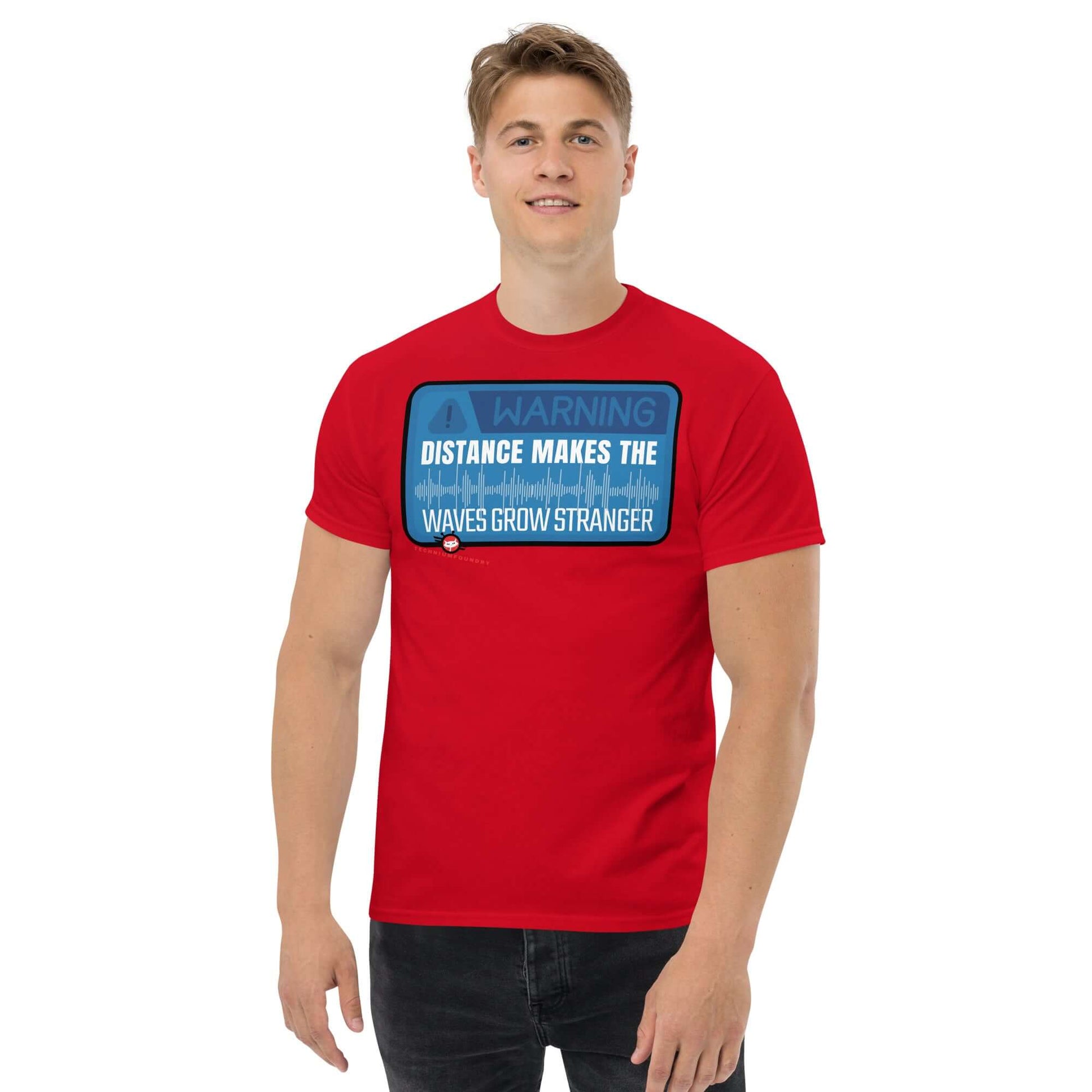 Red "Warning: Waves Get Stronger" T-shirt by Technium Foundry, featuring a unique physics-themed design on a premium cotton fabric.