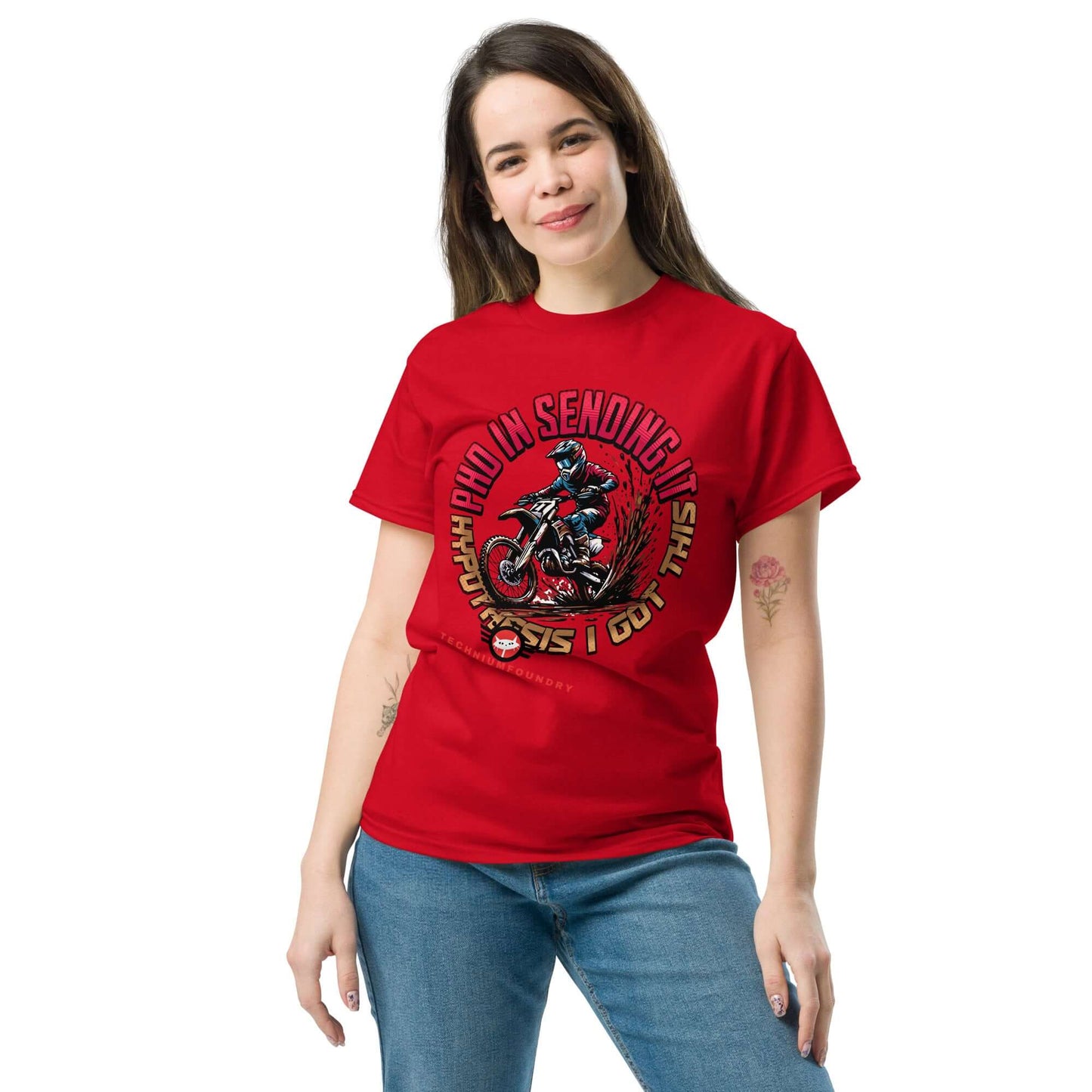 Red PhD in Sending It T-Shirt featuring a dirt bike rider, blending humor with science geek style by Technium Foundry.