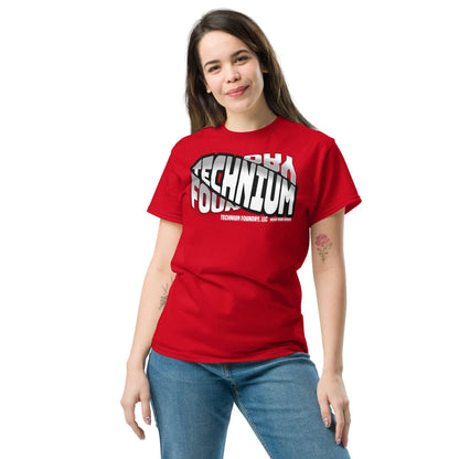 Woman wearing red Technium Foundry Core Logo T-Shirt, showcasing creative typography design. Perfect for quantum apparel and science geeks.