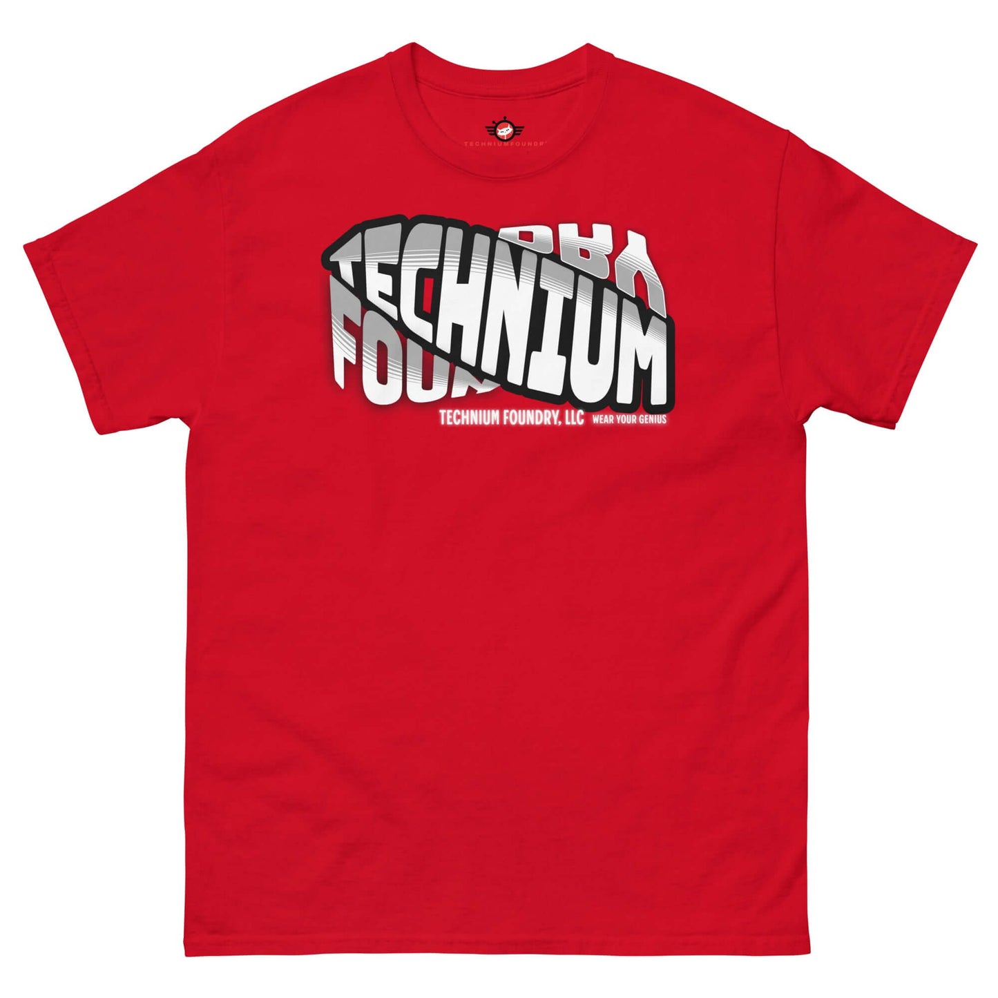 Red Technium Foundry Core Logo T-Shirt for quantum apparel enthusiasts, featuring creative typography for science geeks.