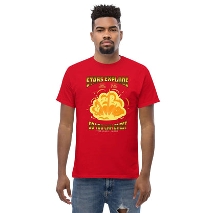 Red "Stars Explode So You Can Exist" T-shirt by Technium Foundry, perfect for science geeks and quantum apparel enthusiasts.