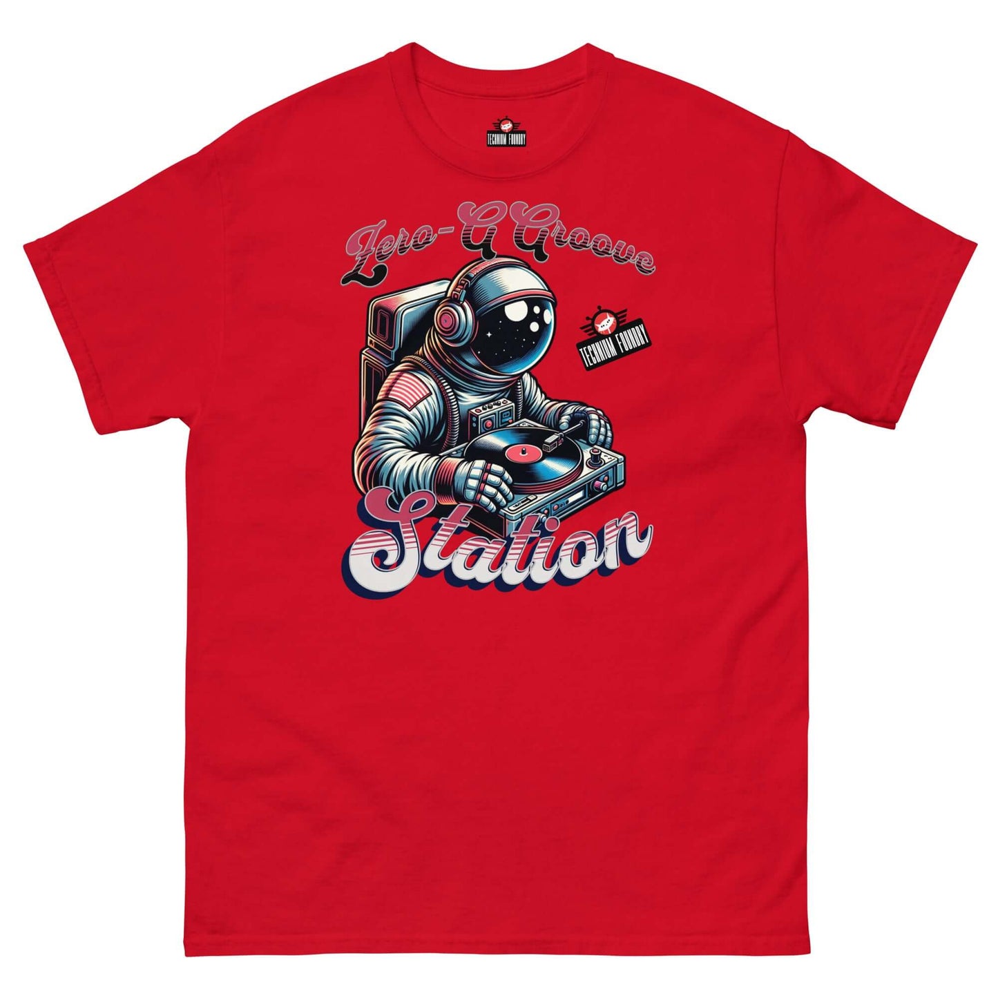 Red "Zero-G Groove Station" T-shirt featuring astronaut DJ spinning vinyl for a space-themed design by Technium Foundry