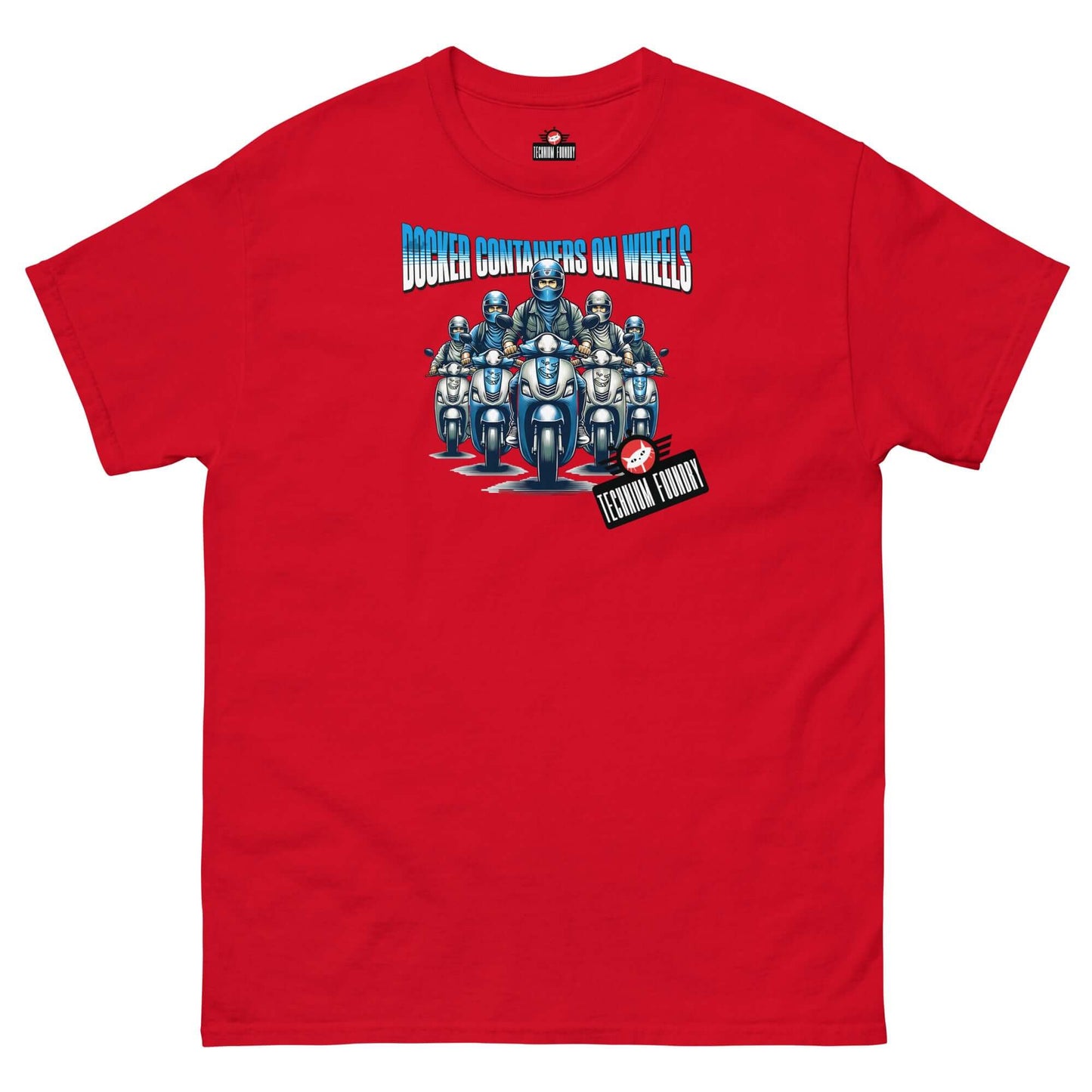 Red T-shirt featuring Docker Containers on Wheels design by Technium Foundry, illustrating container orchestration with scooters.