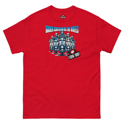 Red T-shirt featuring Docker Containers on Wheels design by Technium Foundry, illustrating container orchestration with scooters.