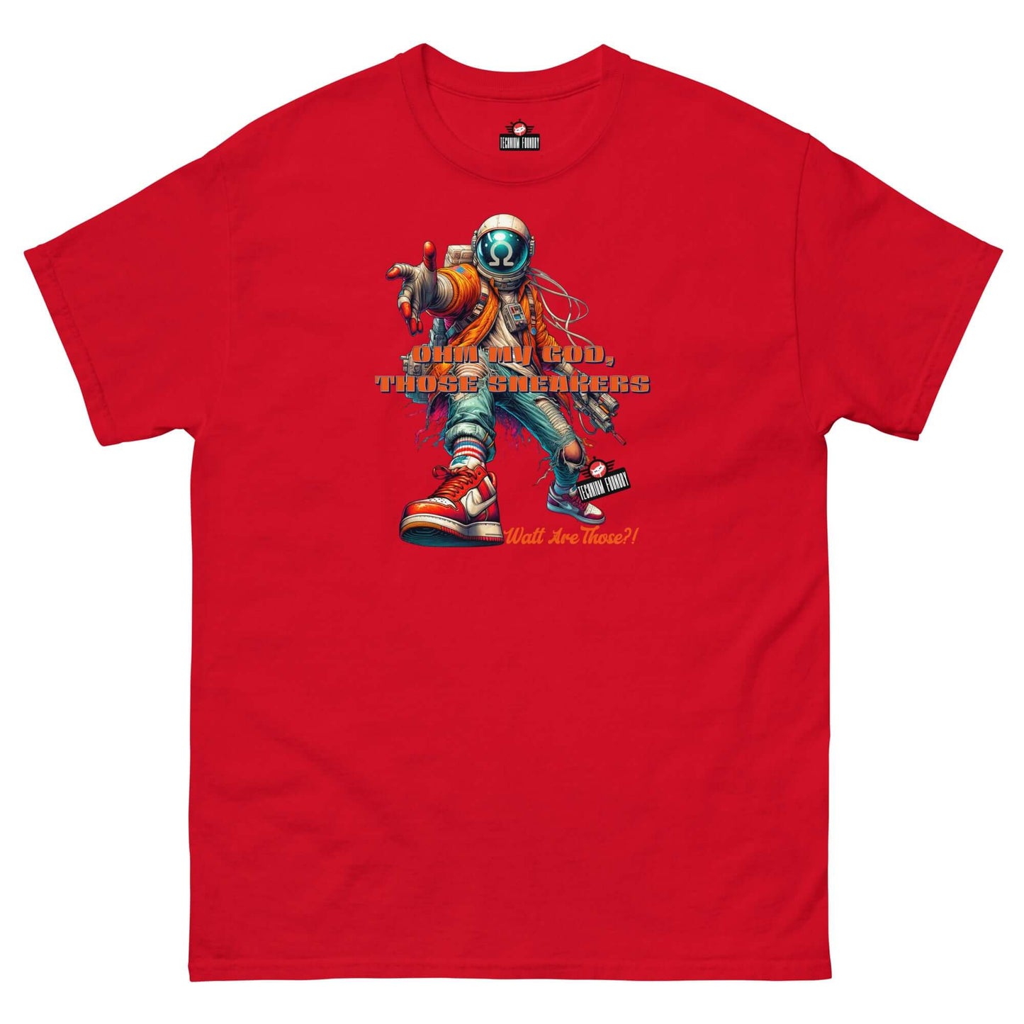 Red "Watt Are Those?!" T-shirt featuring a stylish astronaut with sneakers, designed by Technium Foundry for electrical engineer fashion fans.