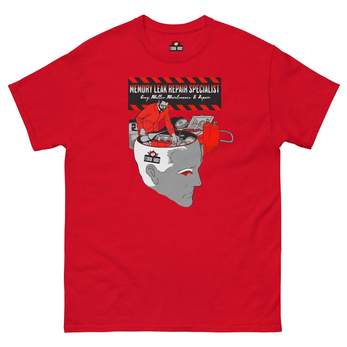 Red T-shirt featuring Memory Leak Repair Specialist design with neural maintenance theme by Technium Foundry.