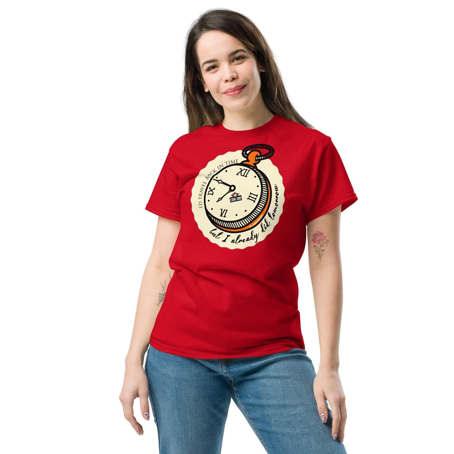 Woman wearing a red Time Travel Paradox T-Shirt with pocket watch design by Technium Foundry, "I'd Travel Back in Time" slogan.