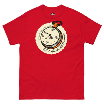 Red T-shirt featuring a pocket watch design with the text "I'd Travel Back in Time But I Already Did Tomorrow" by Technium Foundry.