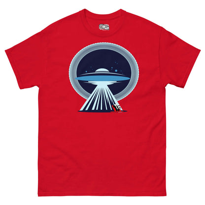 Red UFO Christmas T-shirt with minimalist alien spaceship beaming up Santa's sleigh, perfect for holiday humor by Technium Foundry.