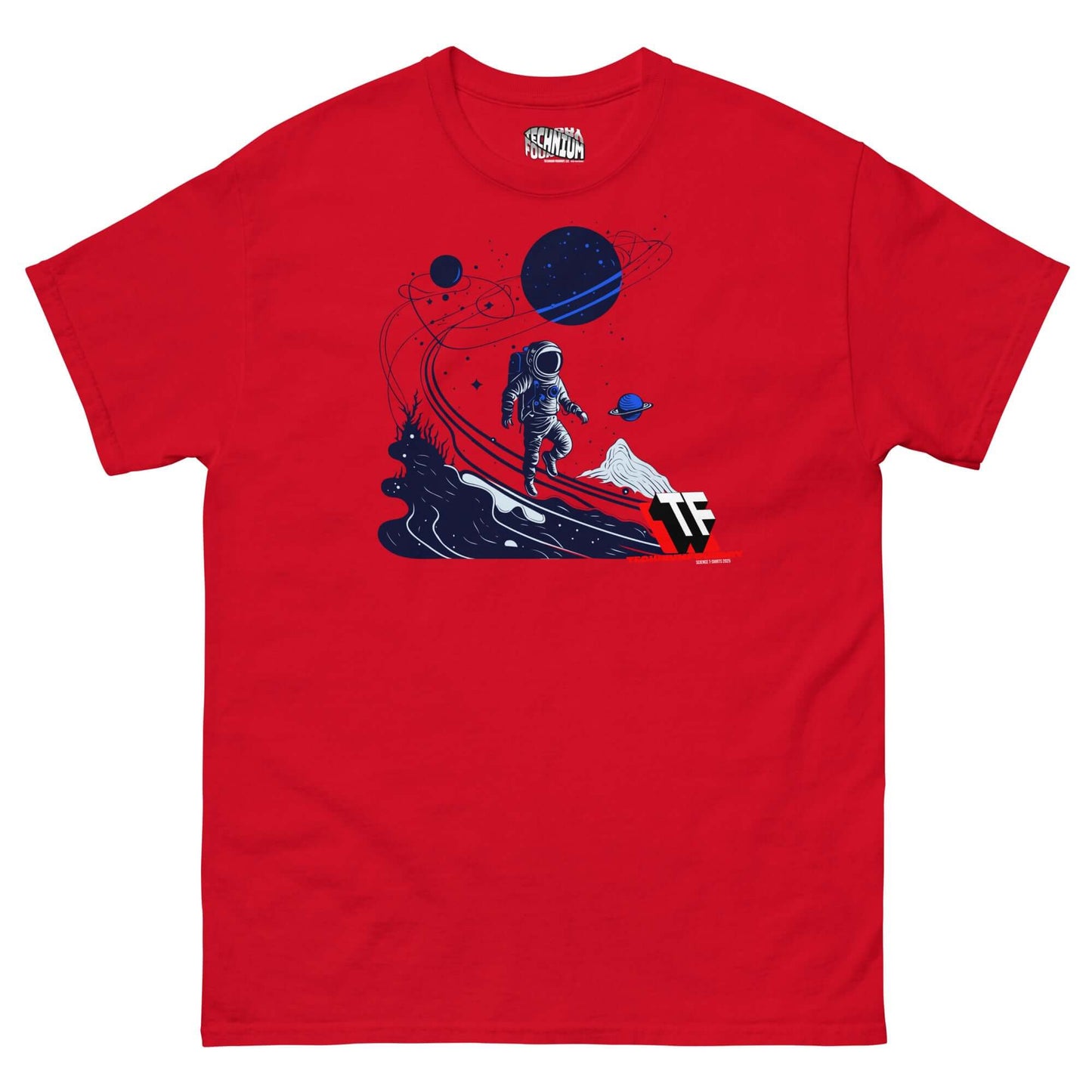 Red Cosmic Wanderer T-Shirt featuring astronaut journeying through space, limited edition by Technium Foundry, premium cotton.