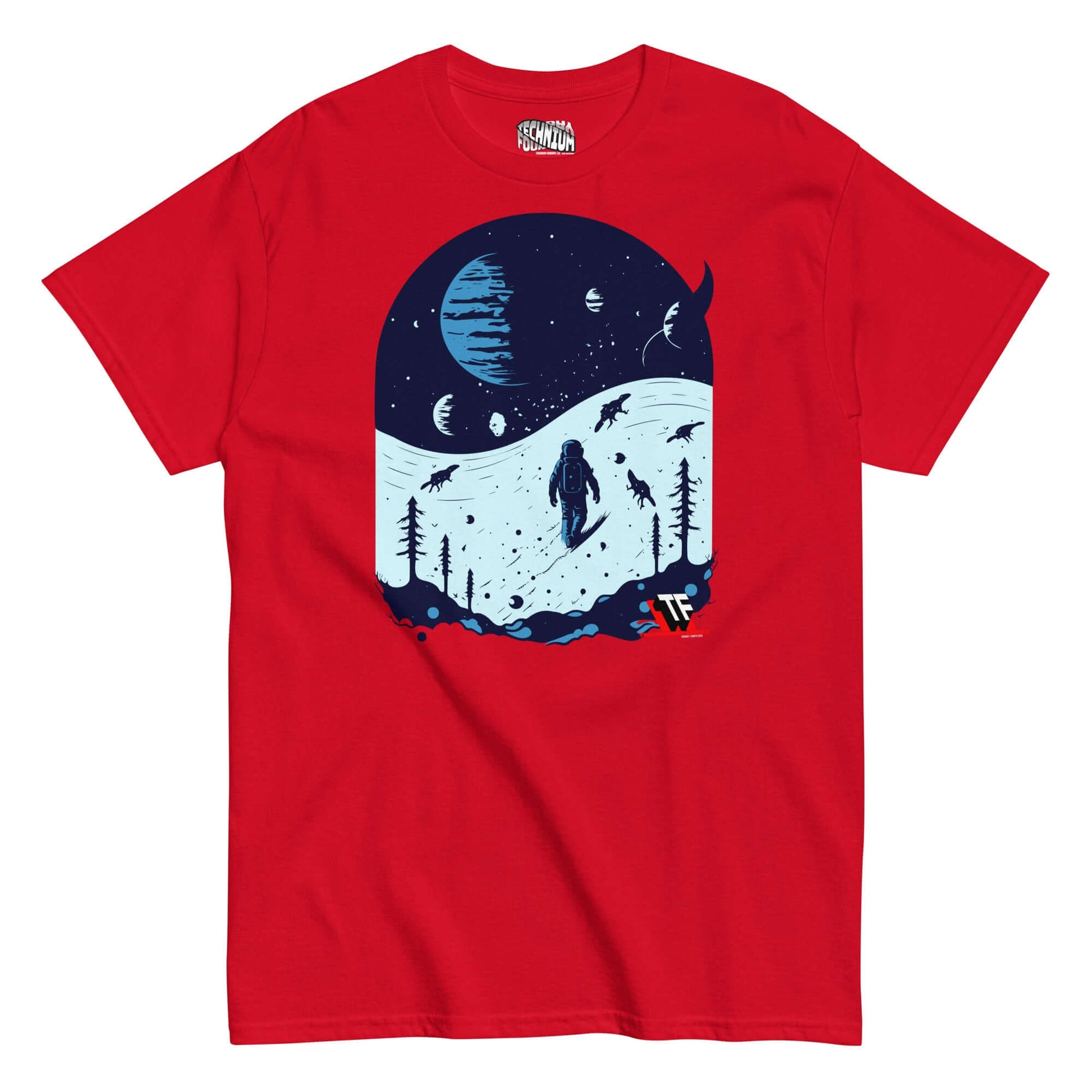 Space Dinosaur Slopes T-Shirt with astronaut and dinosaurs skiing on alien planets, designed by Technium Foundry.