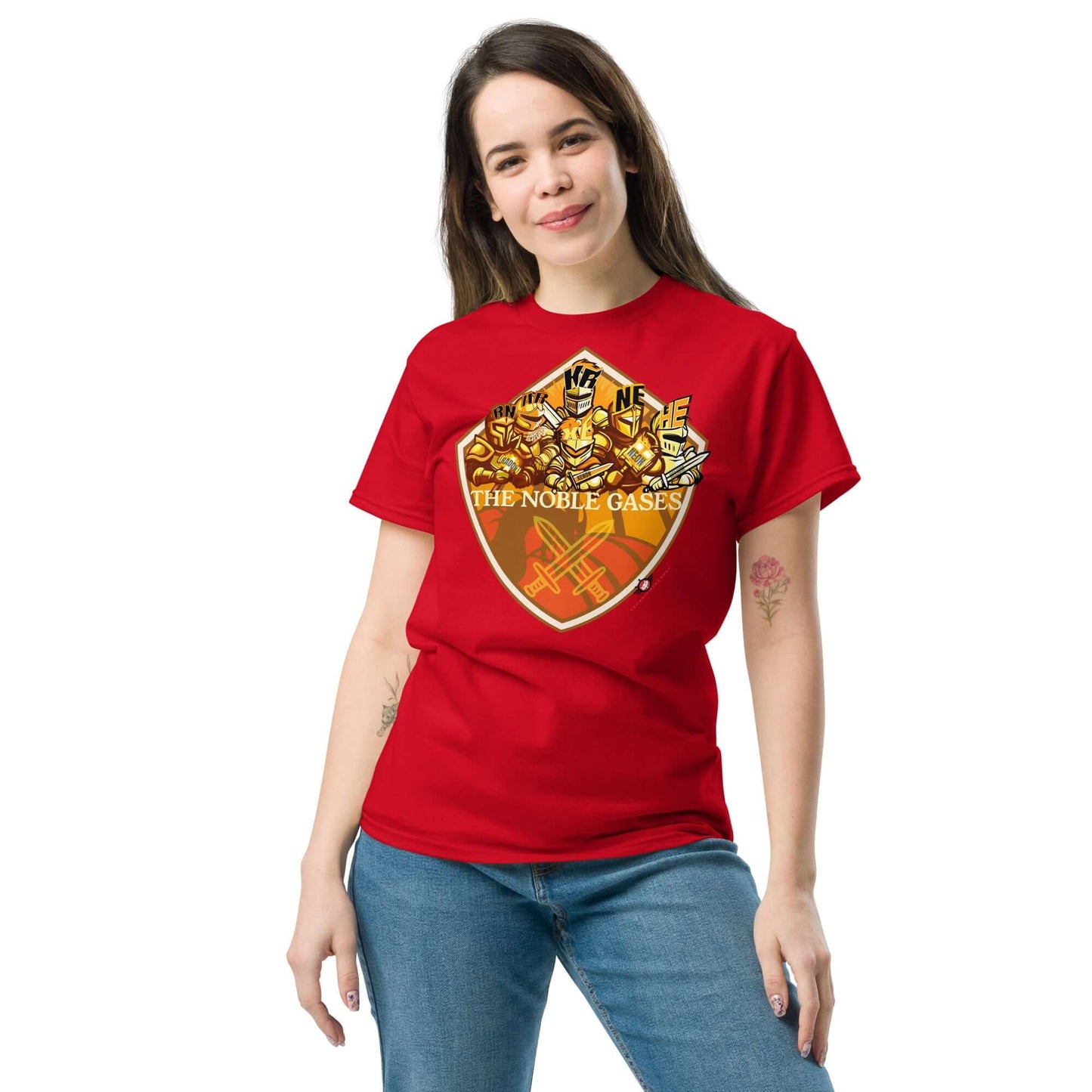 Woman wearing "Noble Gases" T-shirt by Technium Foundry, featuring heroic noble gases as medieval knights on a red premium cotton tee.