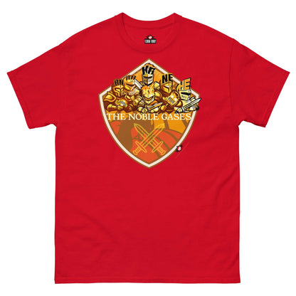 Red Noble Gases T-shirt by Technium Foundry featuring knightly elements Helium, Neon, Argon, Krypton, Xenon, Radon in medieval coat of arms.